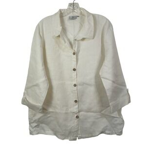 Hot Cotton by Marc Ware White Linen Button Down 3/4 Roll Tab Sleeve Shirt M